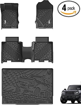 3W Floor Mats & Cargo Liner Fit for 2021-2025 2026 Ford Bronco 4 Door, TPE All Weather Custom Fit Floor Liner 1st 2nd Row and Full Set Trunk Mats, Black (Not for Bronco Sport & Rubberized Floor)